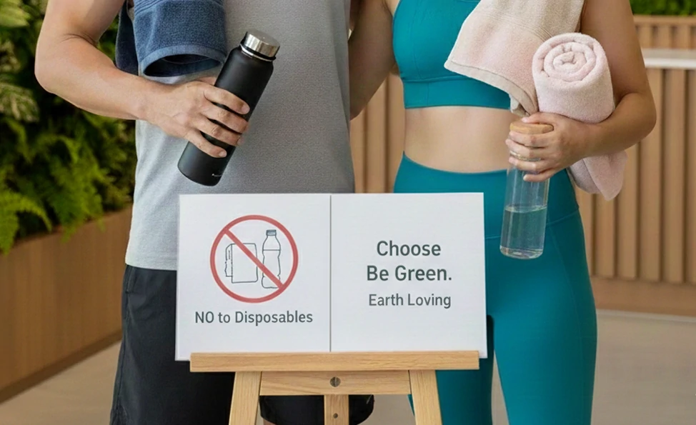 Why do I need to bring my own towels and water bottle? Why not provide disposable towels and bottled
                    water?